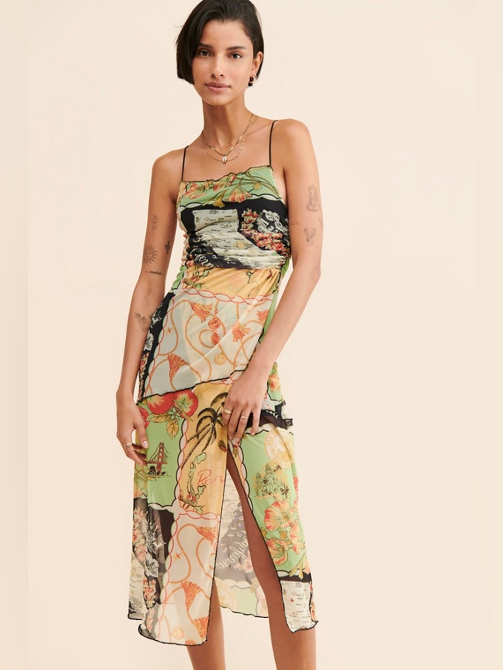 UO Postcard Print Wild Seam Slip Dress